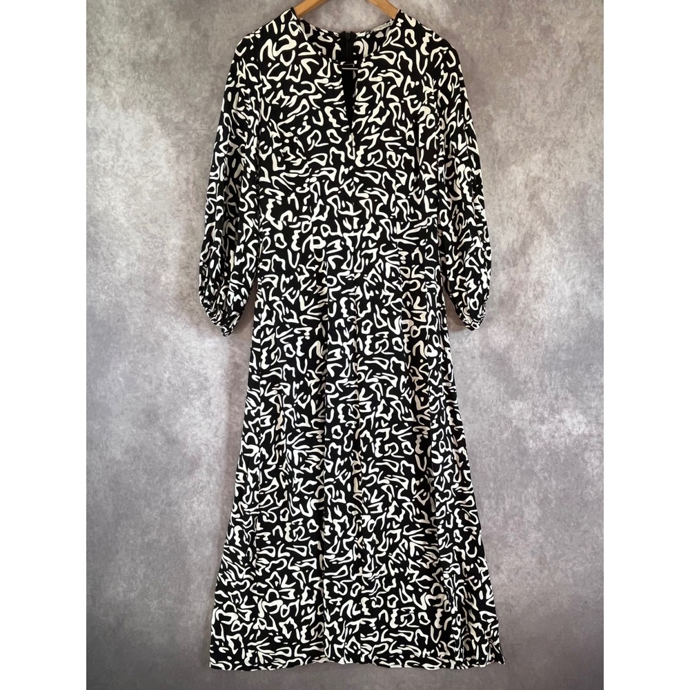 Zara Midi Dress Womens Small Black White Abstract Print Puff Sleeve Long Line